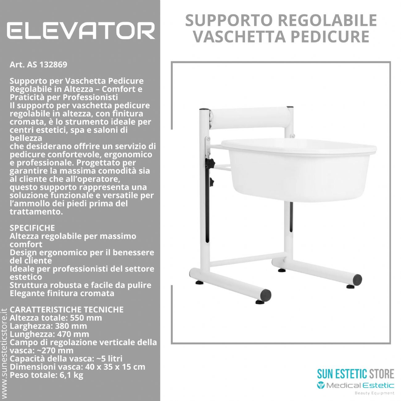 Elevator supporto regolabile vaschetta pedicure