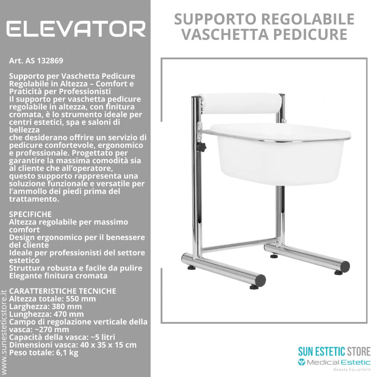 Elevator supporto regolabile vaschetta pedicure