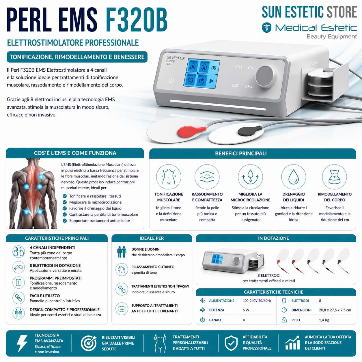 Perl Ems F320B EMS Elettrostimolatore estetica 4 canali