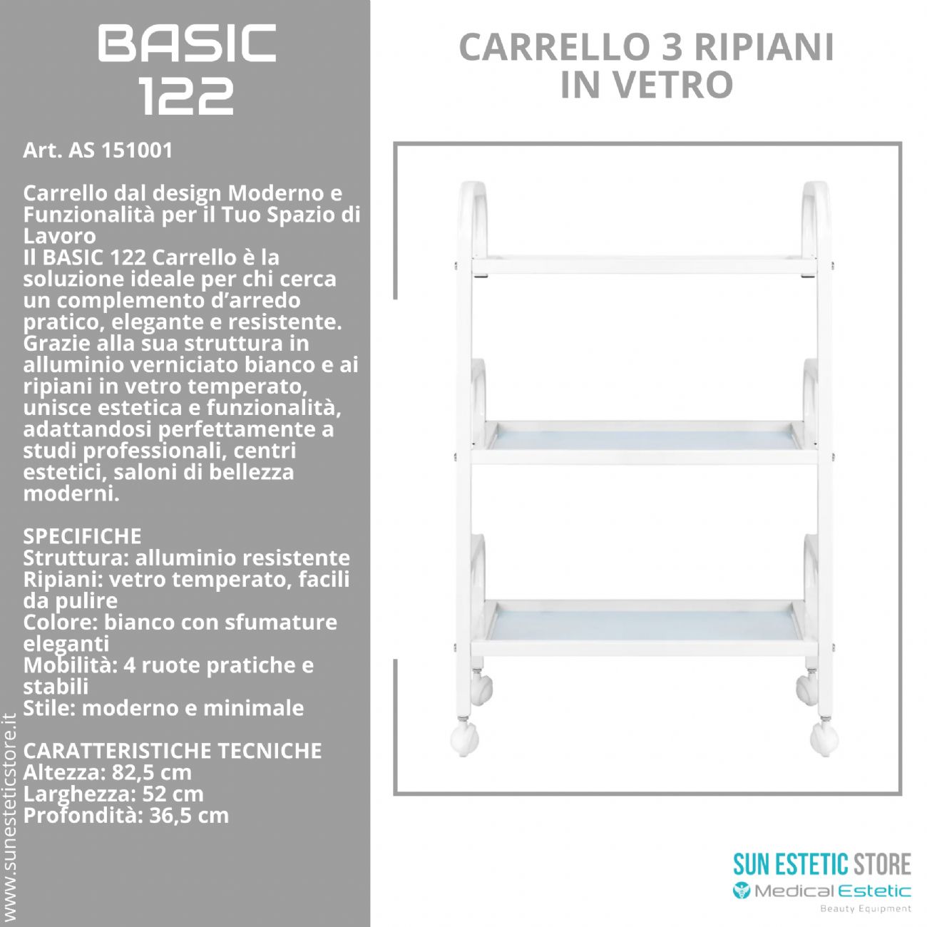 Basic 122 carrello 3 ripiani in vetro