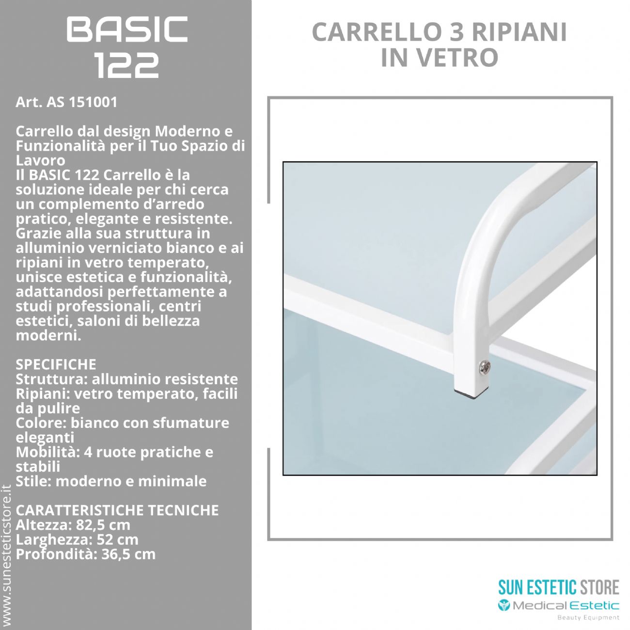 Basic 122 carrello 3 ripiani in vetro