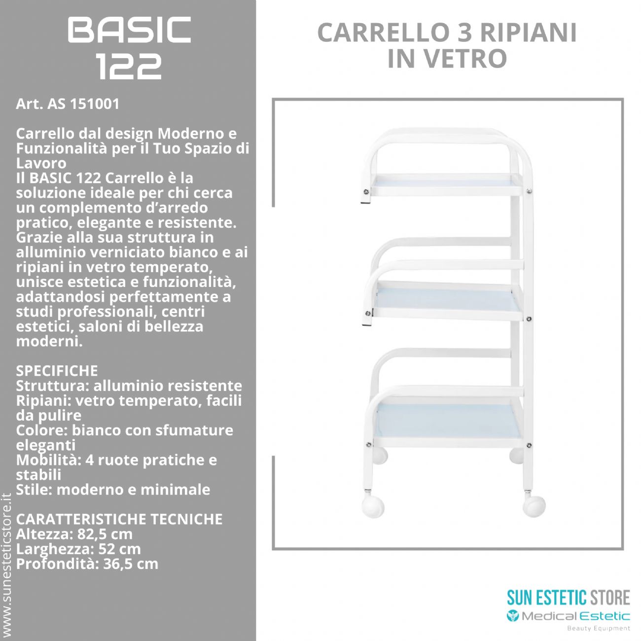 Basic 122 carrello 3 ripiani in vetro