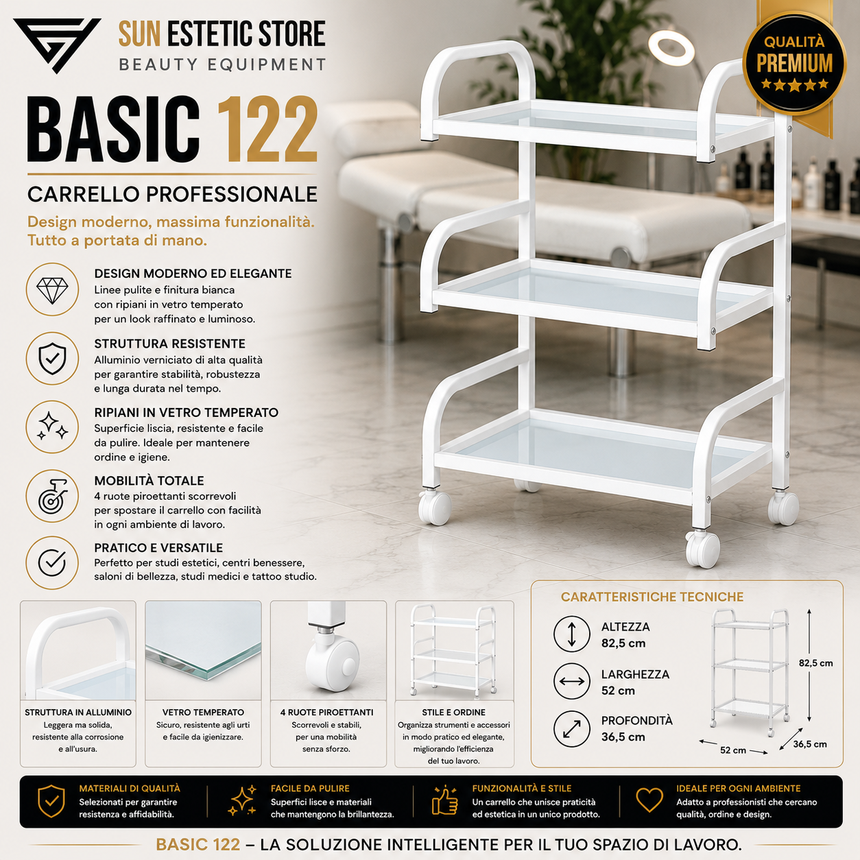 Basic 122 carrello 3 ripiani in vetro