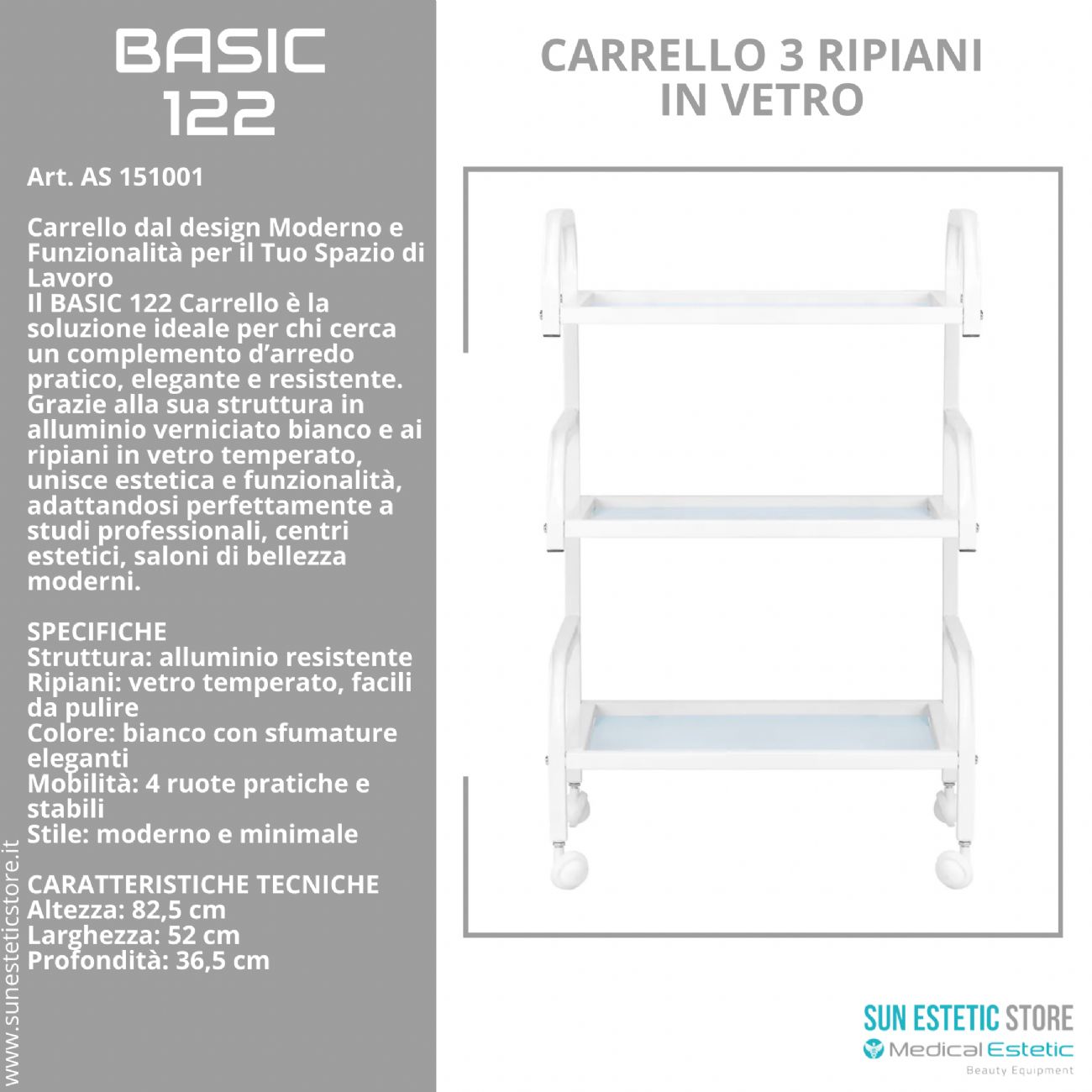 Basic 122 carrello 3 ripiani in vetro