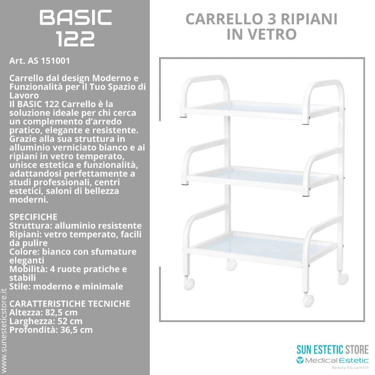 Basic 122 carrello 3 ripiani in vetro