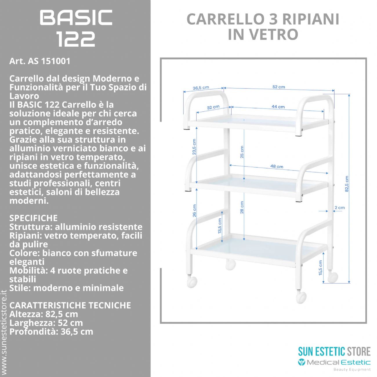 Basic 122 carrello 3 ripiani in vetro