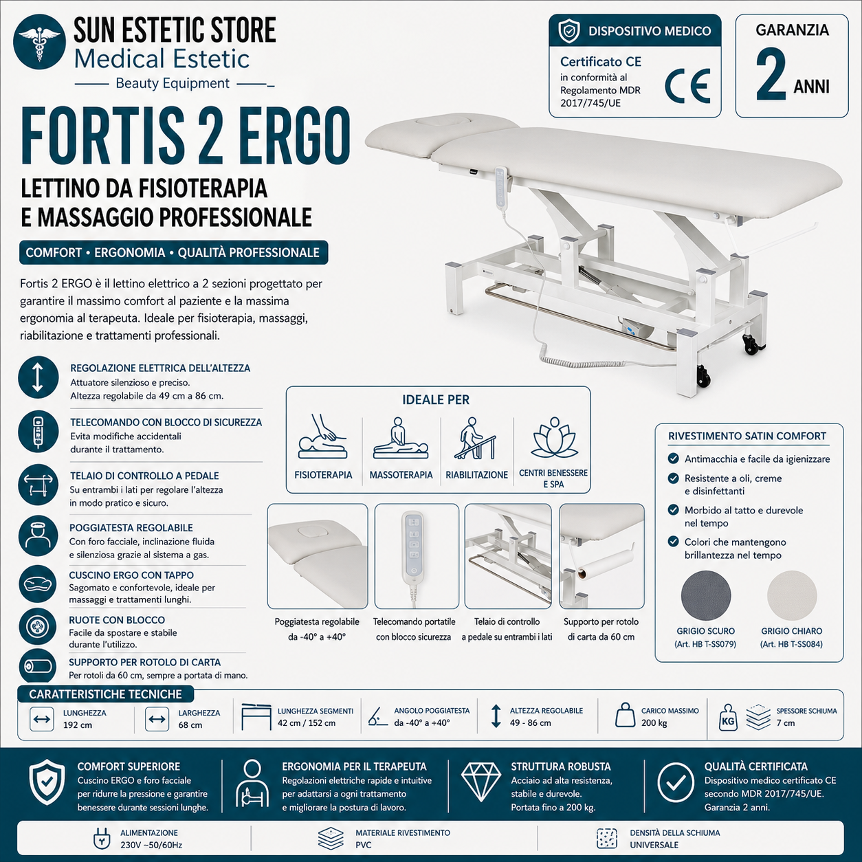 Fortis 2 Ergo lettino fisioterapia 2 sezioni 1 motore con perimetrale