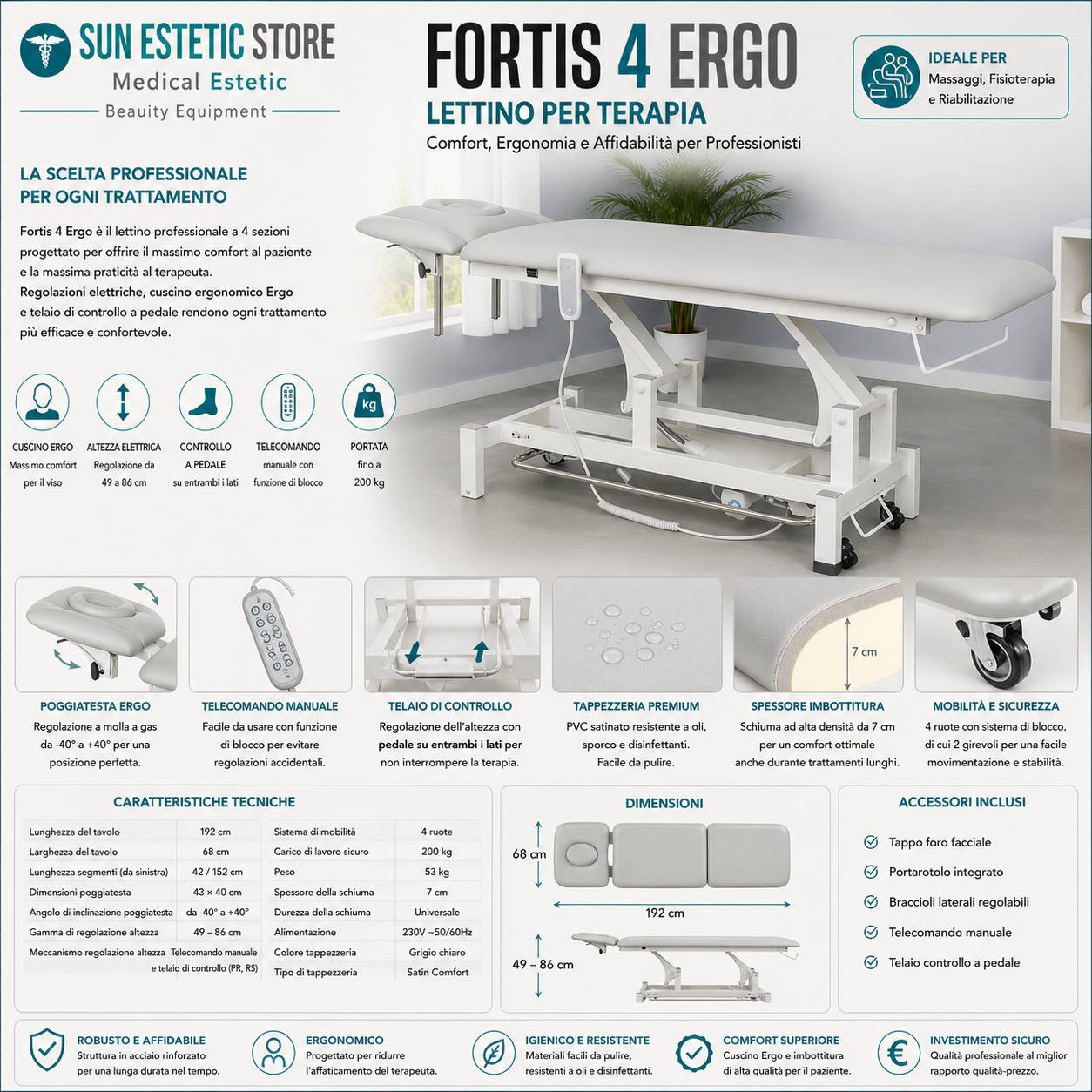 Fortis 4 Ergo lettino fisioterapia 2 sezioni 1 motore con perimetrale