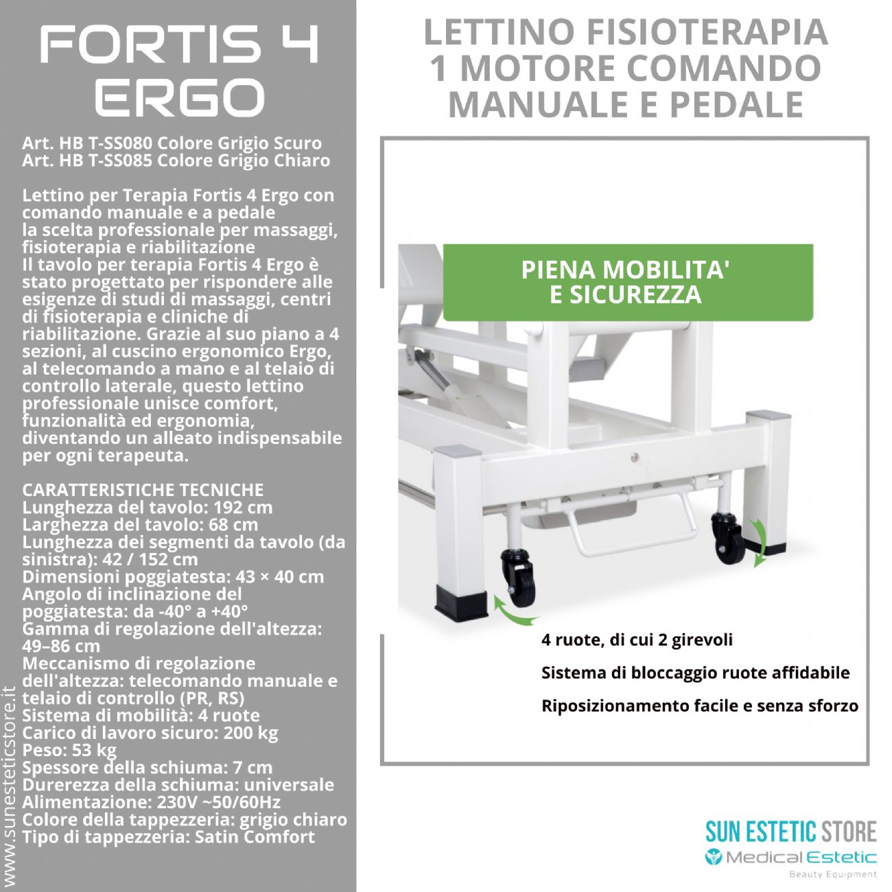 Fortis 4 Ergo lettino fisioterapia 2 sezioni 1 motore con perimetrale