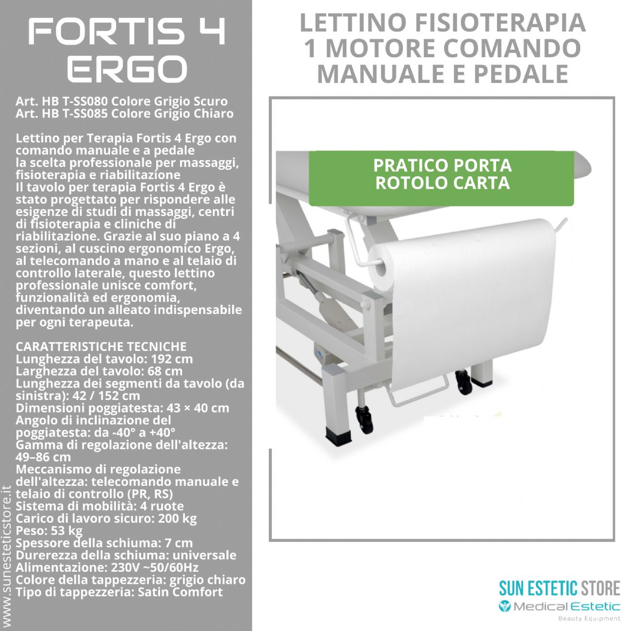 Fortis 4 Ergo lettino fisioterapia 2 sezioni 1 motore con perimetrale