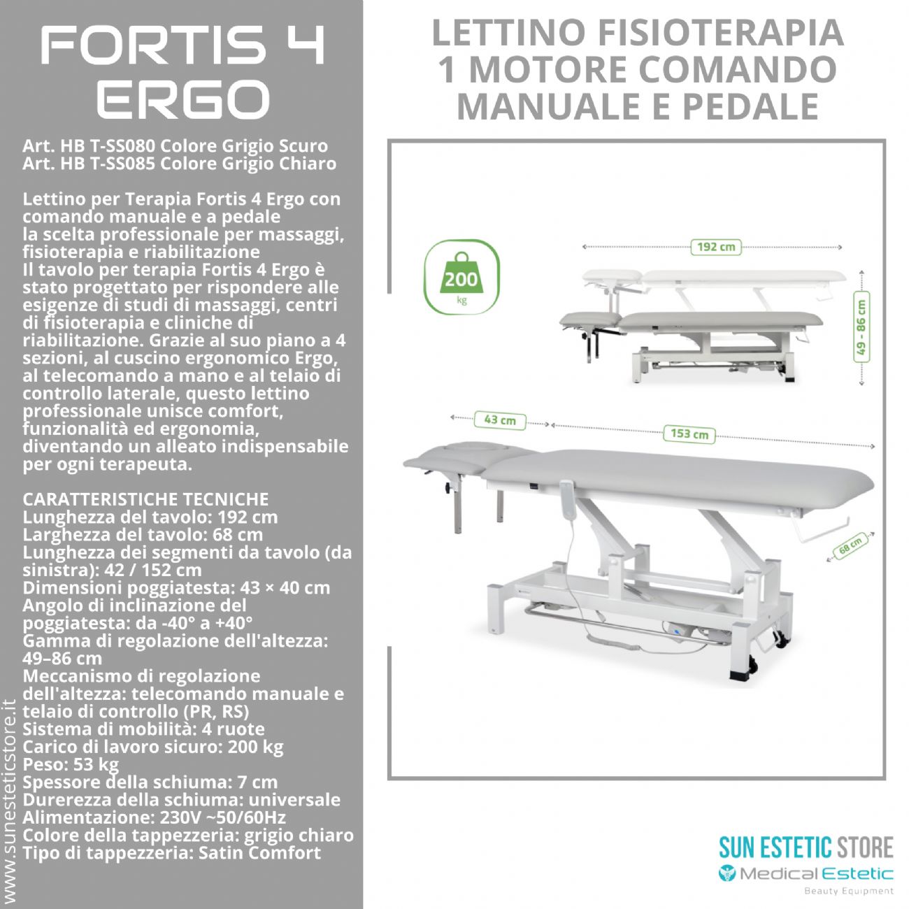 Fortis 4 Ergo lettino fisioterapia 2 sezioni 1 motore con perimetrale