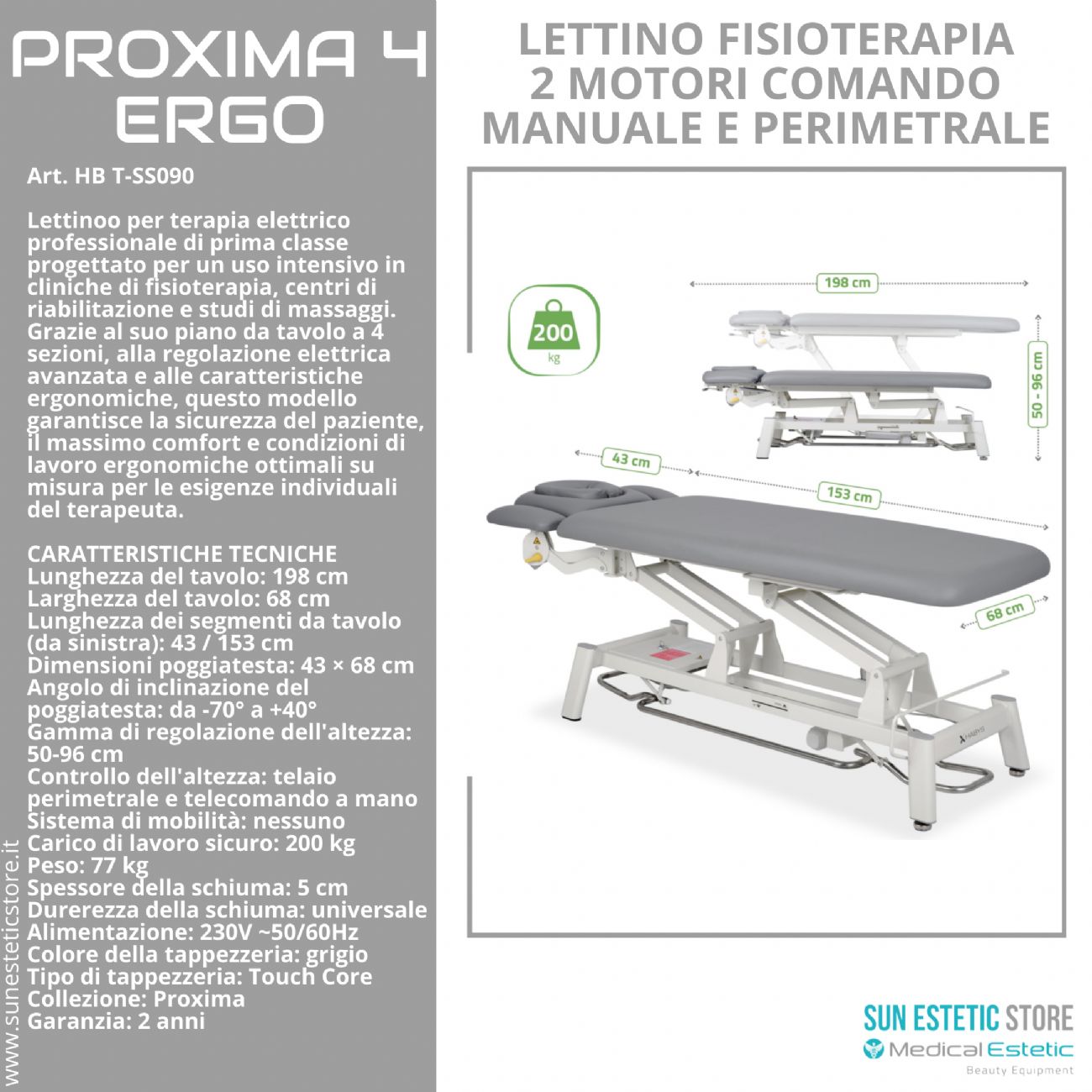 Proxima 04 lettino fisioterapia 4 sezioni 2 motori con perimetrale