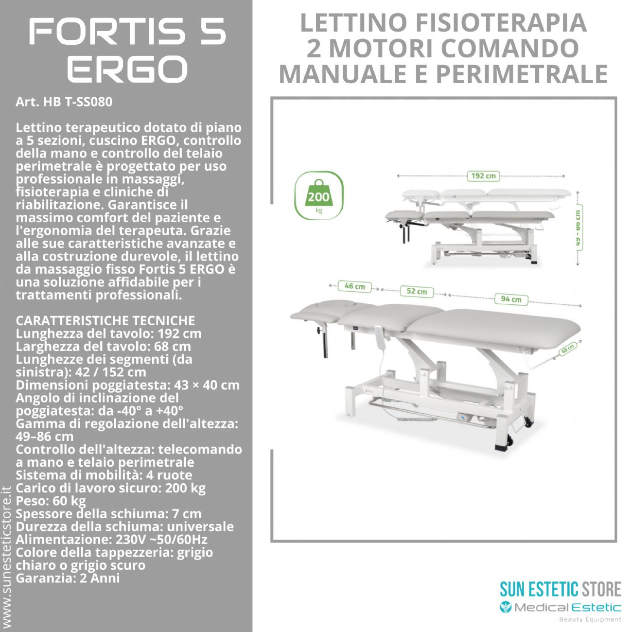 Fortis 5 Ergo lettino fisioterapia 5 sezioni 2 motori con comando perimetrale