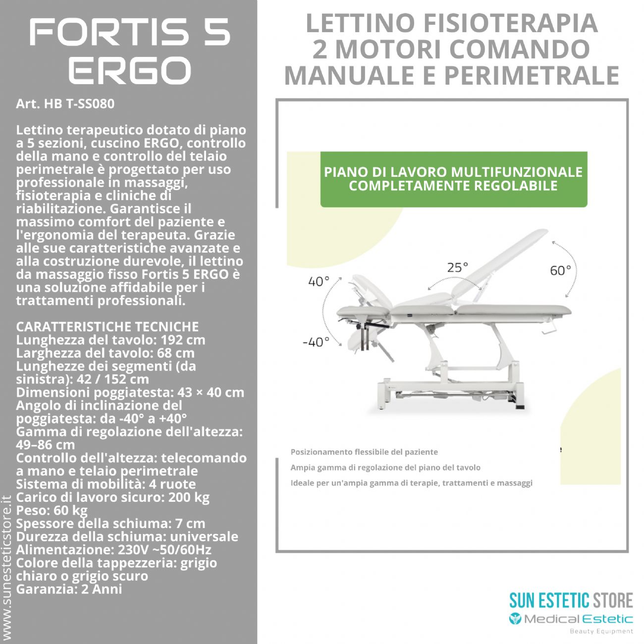 Fortis 5 Ergo lettino fisioterapia 5 sezioni 2 motori con comando perimetrale