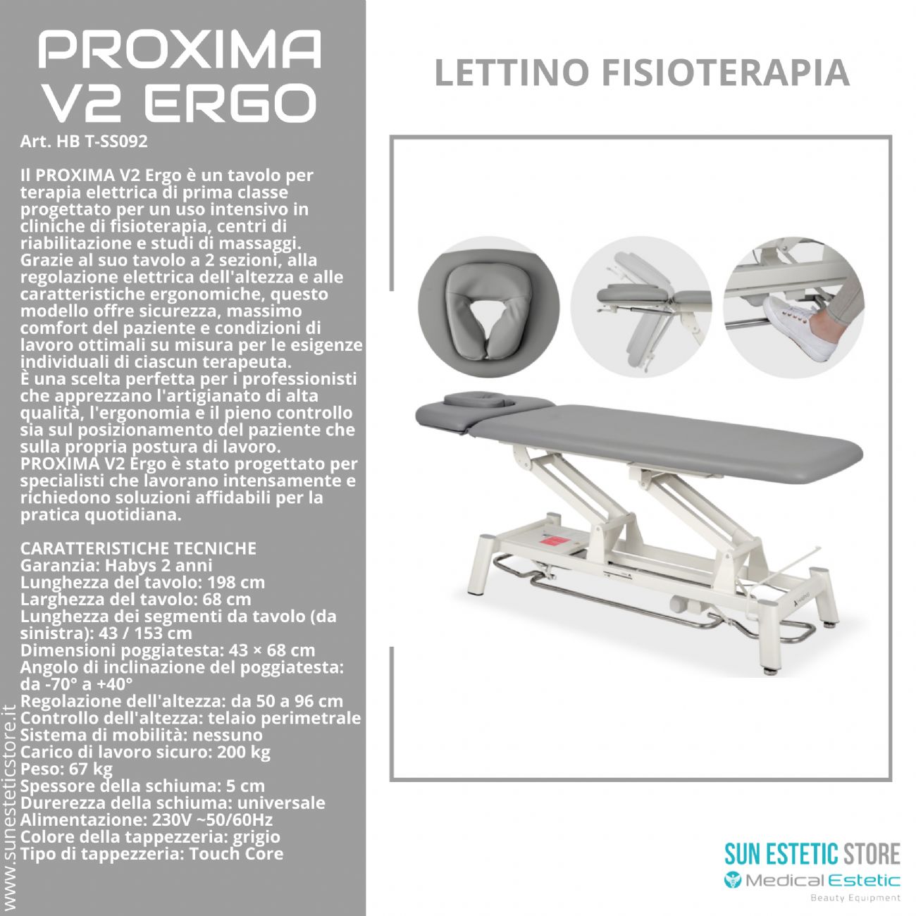 Proxima V2 lettino fisioterapia 2 sezioni 1 motore con perimetrale