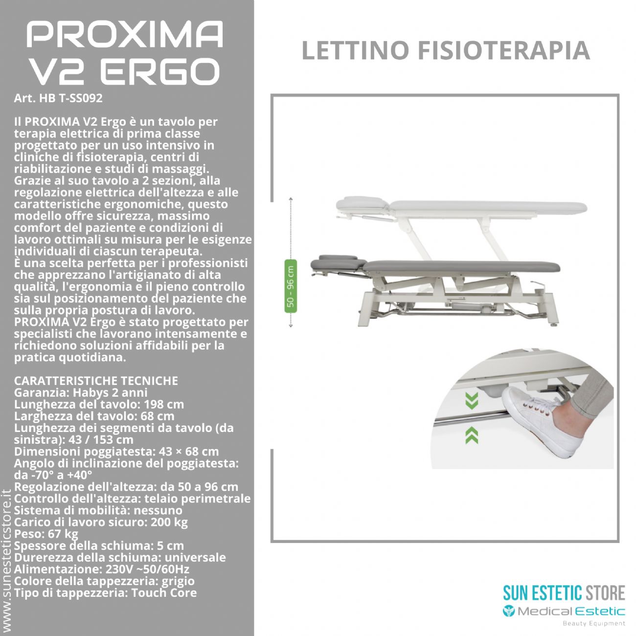 Proxima V2 lettino fisioterapia 2 sezioni 1 motore con perimetrale
