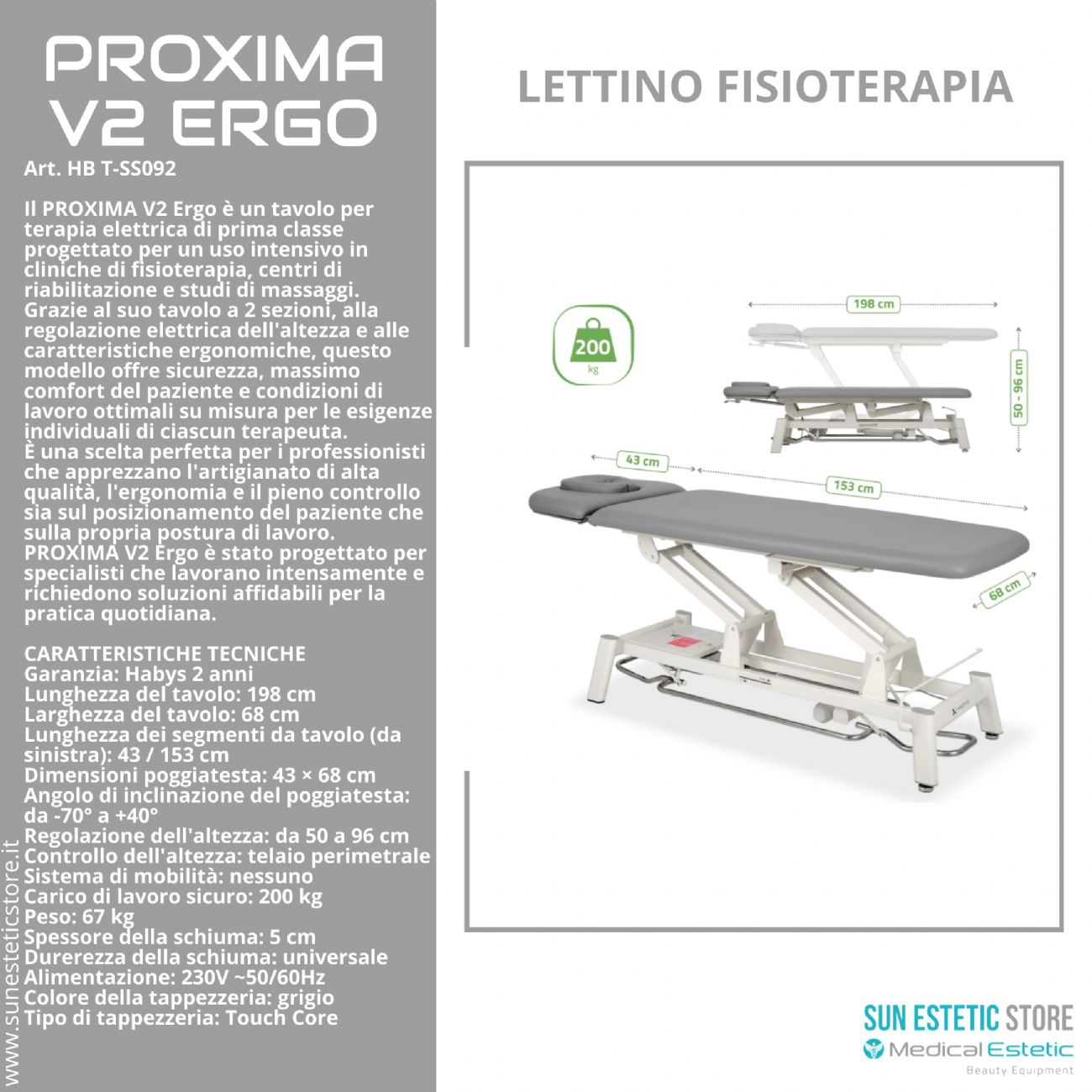 Proxima V2 lettino fisioterapia 2 sezioni 1 motore con perimetrale