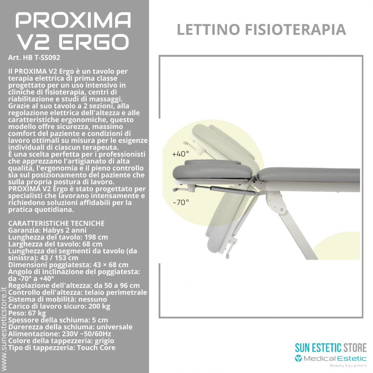 Proxima V2 lettino fisioterapia 2 sezioni 1 motore con perimetrale