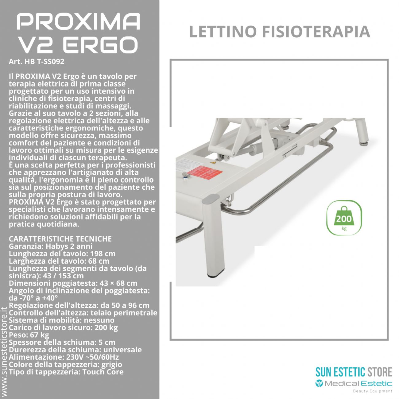 Proxima V2 lettino fisioterapia 2 sezioni 1 motore con perimetrale