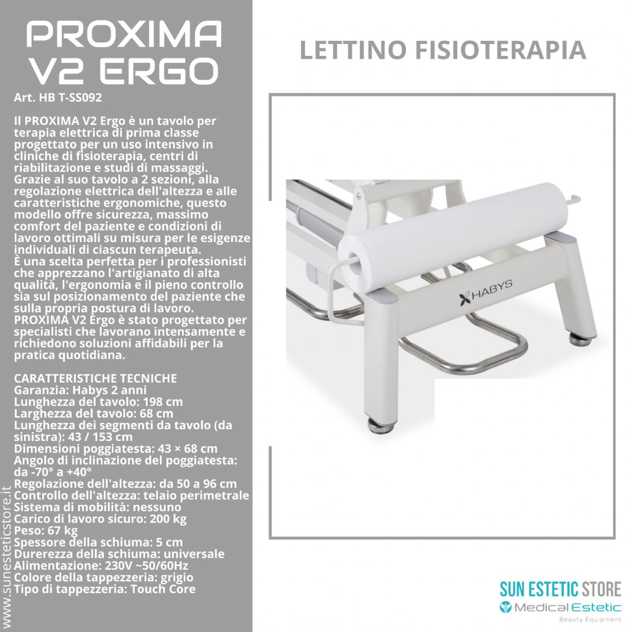 Proxima V2 lettino fisioterapia 2 sezioni 1 motore con perimetrale