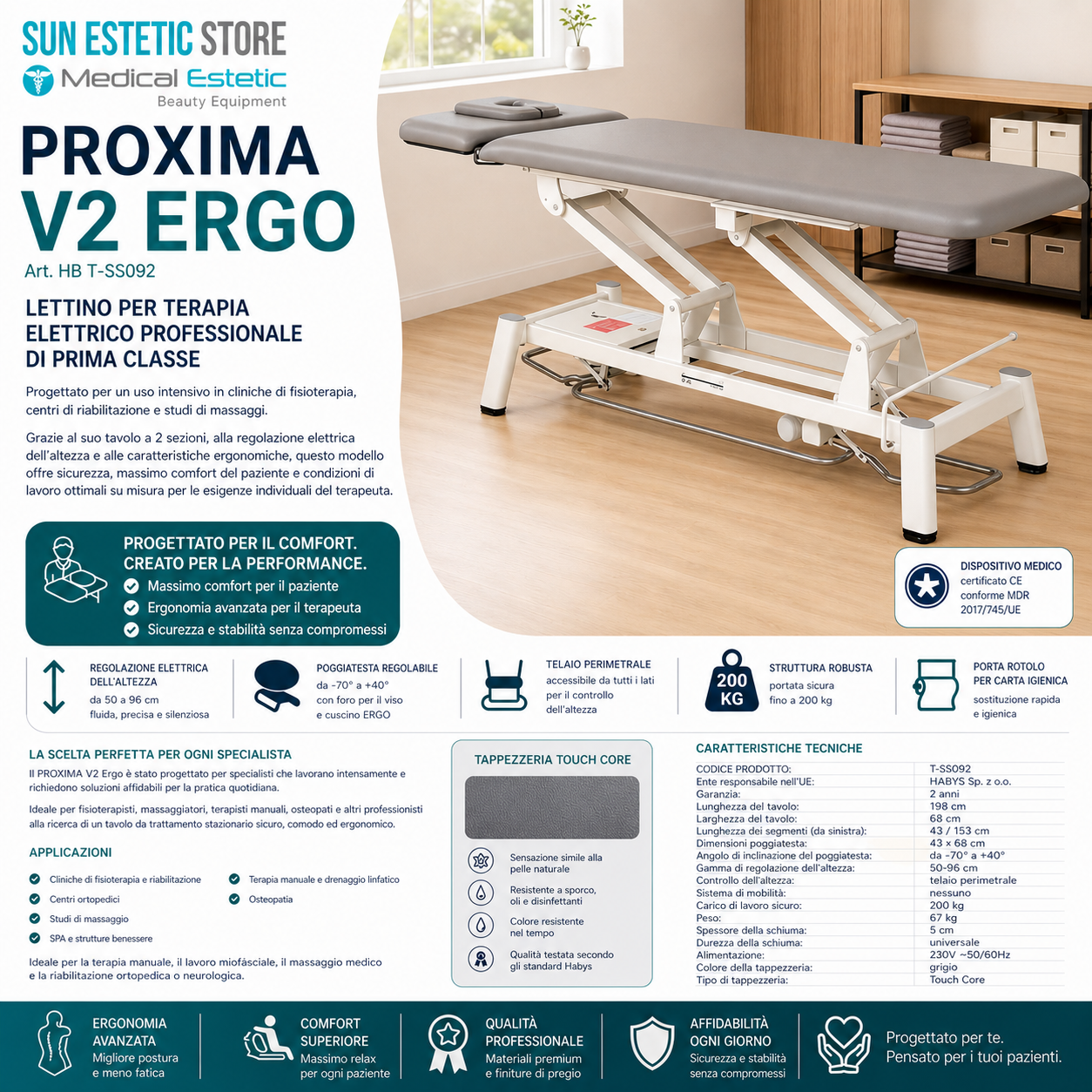 Proxima V2 lettino fisioterapia 2 sezioni 1 motore con perimetrale