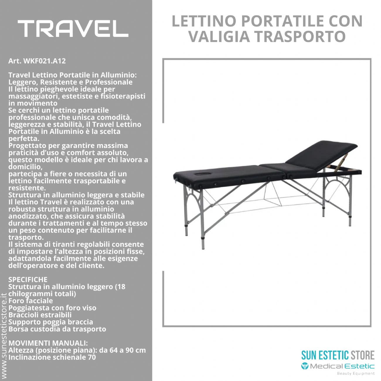 Travel lettino da massaggio portatile in alluminio 1 snodo