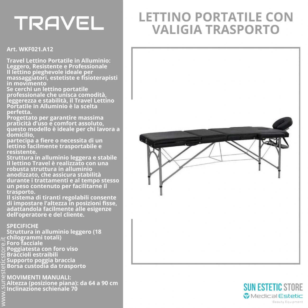Travel lettino da massaggio portatile in alluminio 1 snodo