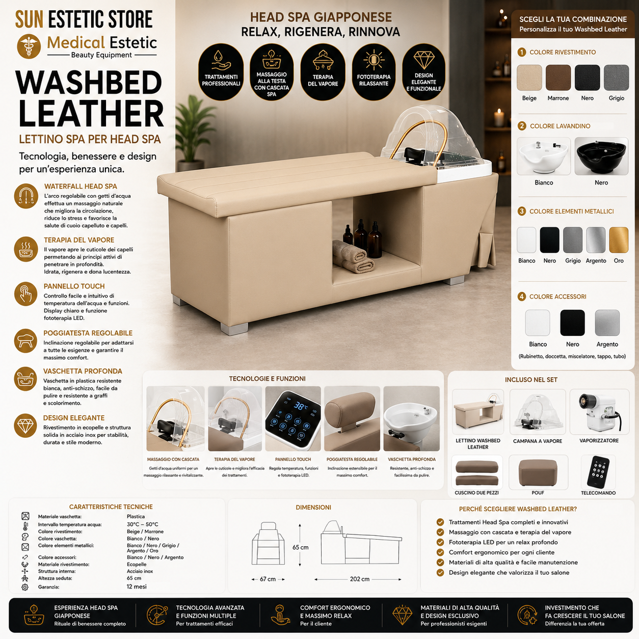 Washbed Leather lettino lavaggio spa con vapore