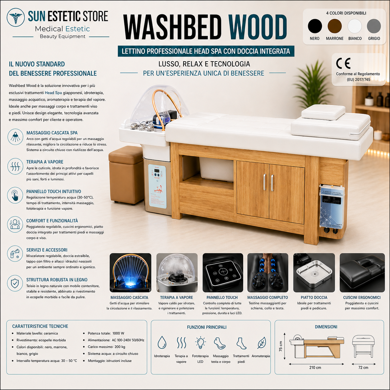 Washbed Wood lettino lavaggio spa con vapore e pedicure
