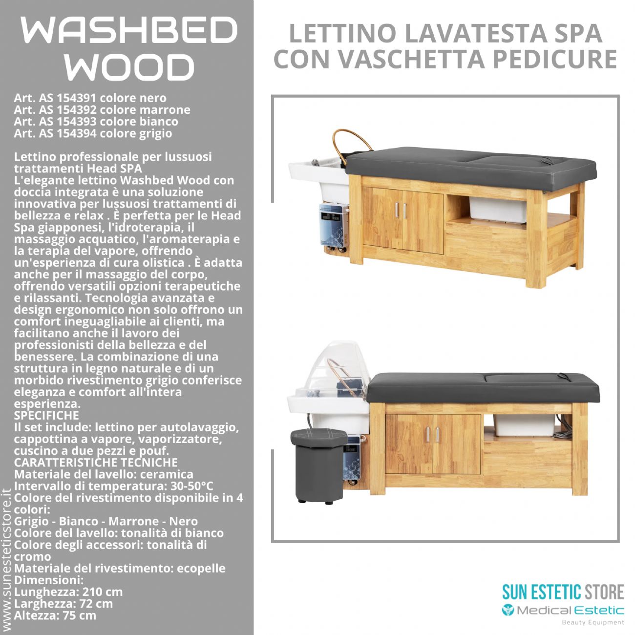 Washbed Wood lettino lavaggio spa con vapore e pedicure
