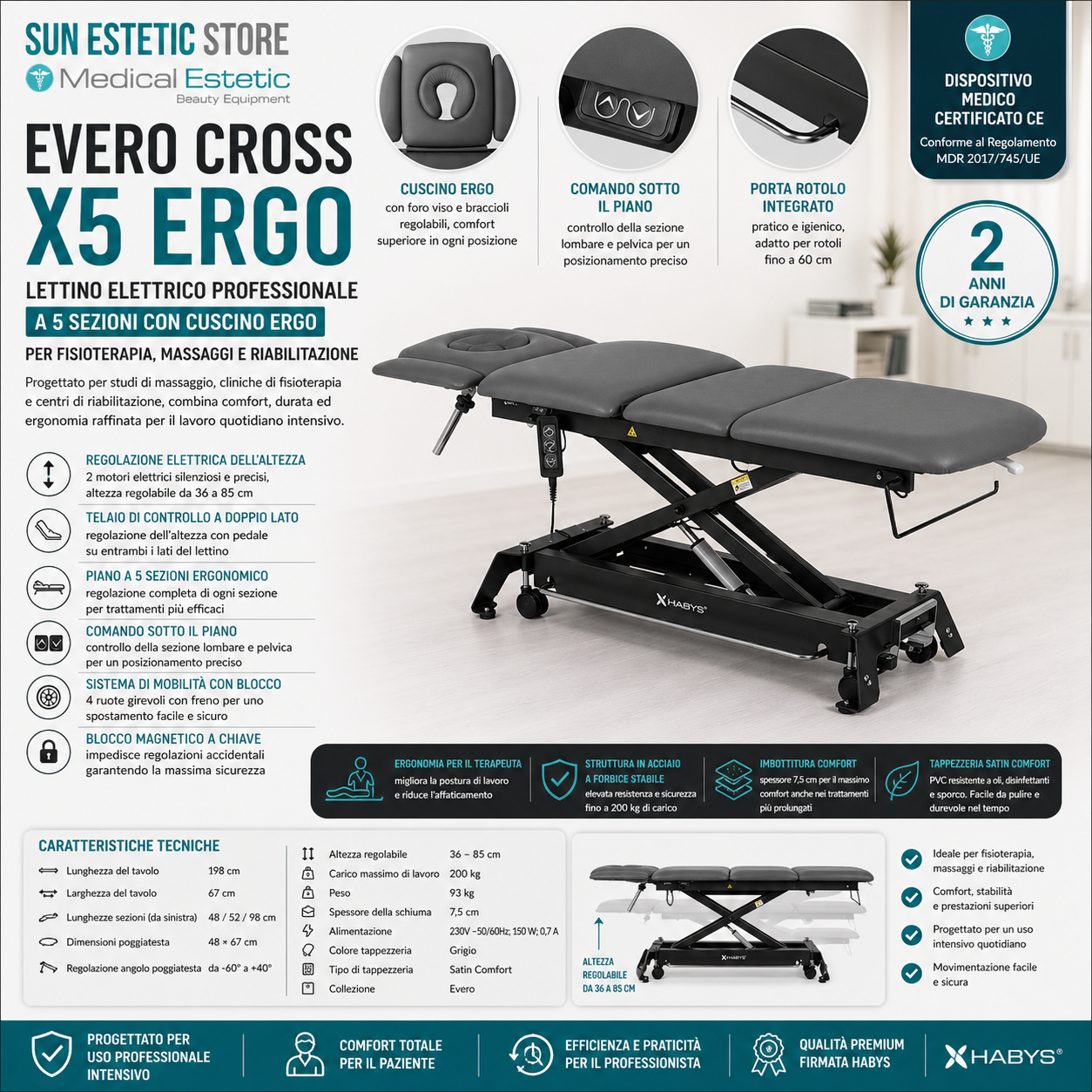 Evero Cross X5 Ergo lettino fisioterapia 5 sezioni con comando a piede