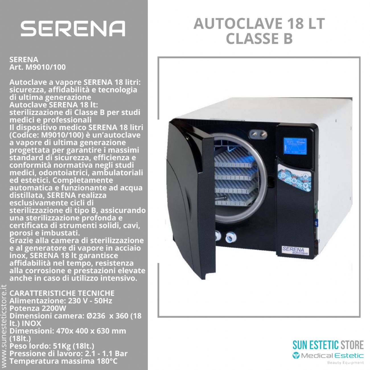 Serena Autoclave 18 lt Classe B sterilizzazione estetica