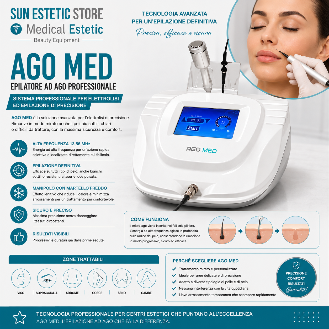 Ago Med elettropepilatore 2 in 1 ad elettrolisi con manipolo freddo