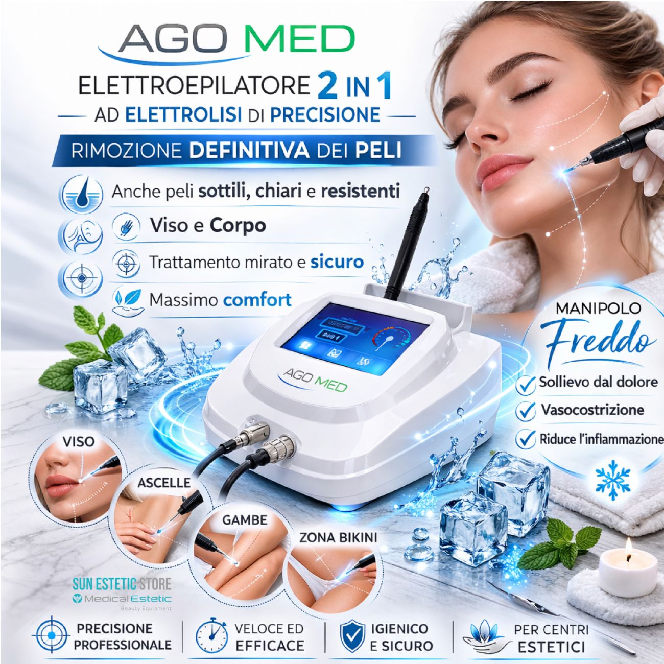 Ago Med elettropepilatore 2 in 1 ad elettrolisi con manipolo freddo