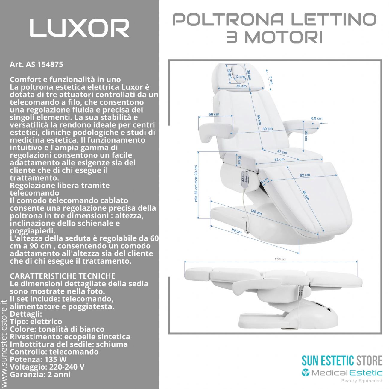 Luxor poltrona lettino estetica 3 motori