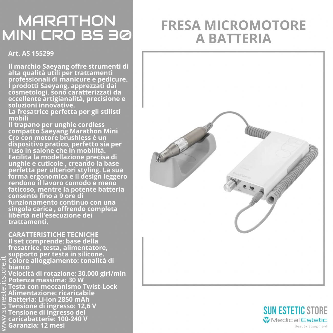 Marathon Mini Cro BS30 fresa micromotore a batteria