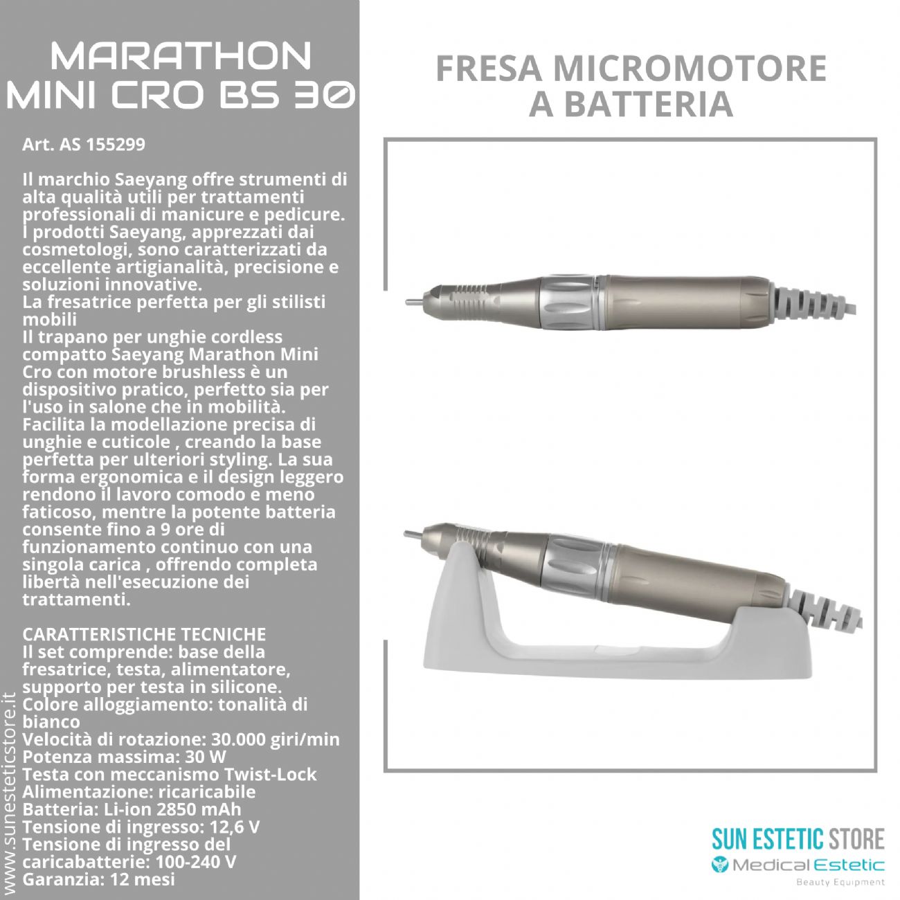 Marathon Mini Cro BS30 fresa micromotore a batteria