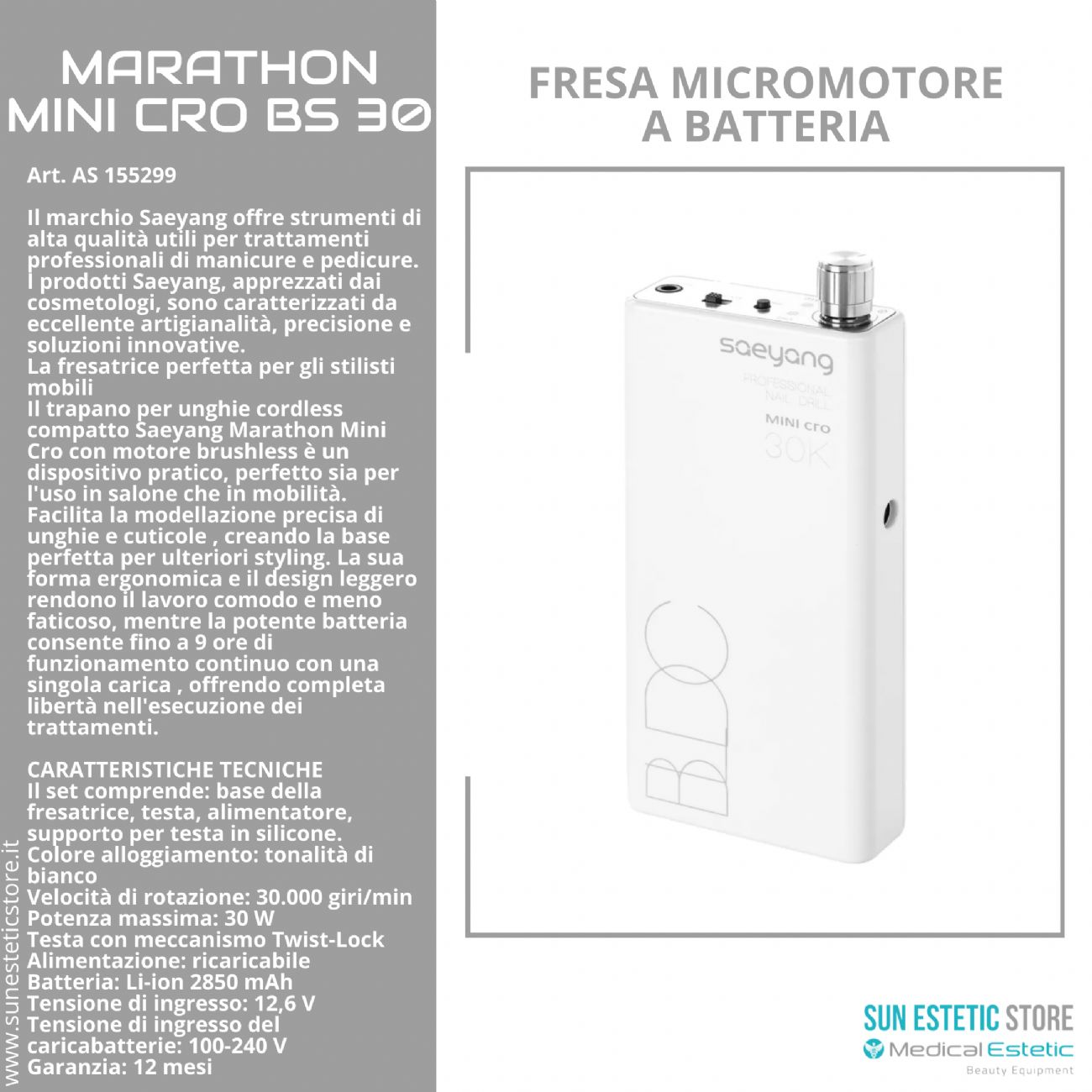 Marathon Mini Cro BS30 fresa micromotore a batteria