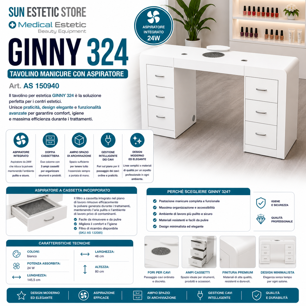 Ginny 324 tavolino manicure con aspiratore