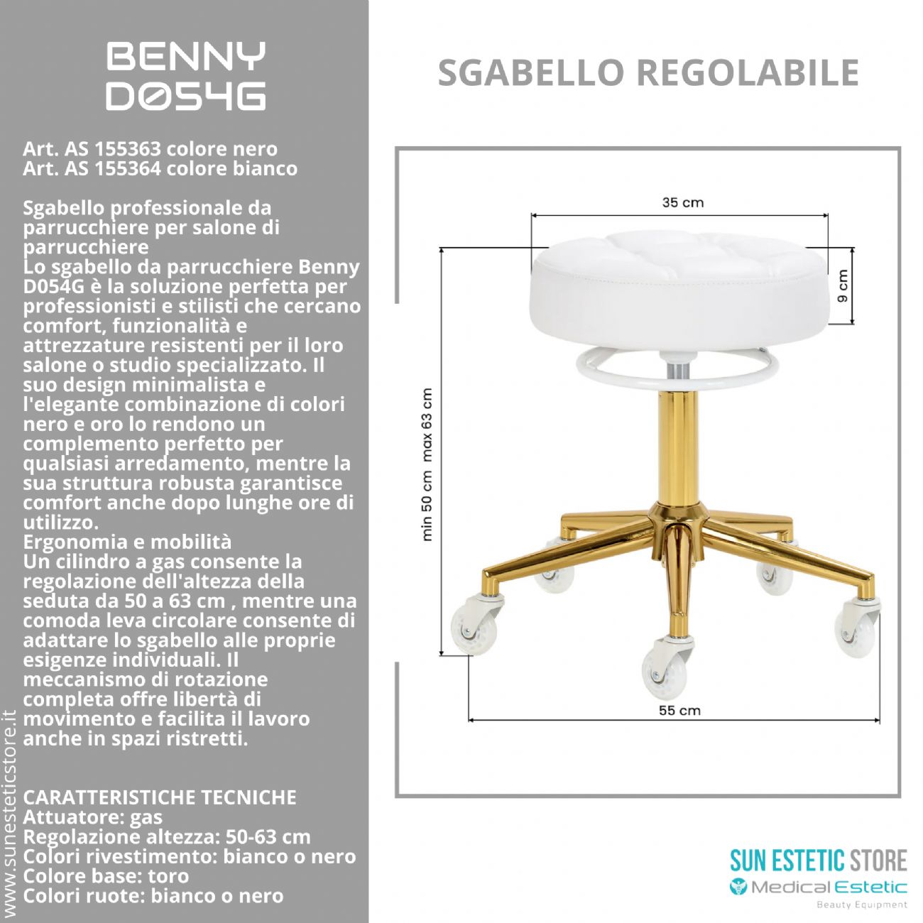 Benny D054G sgabello regolabile per estetica parrucchiere