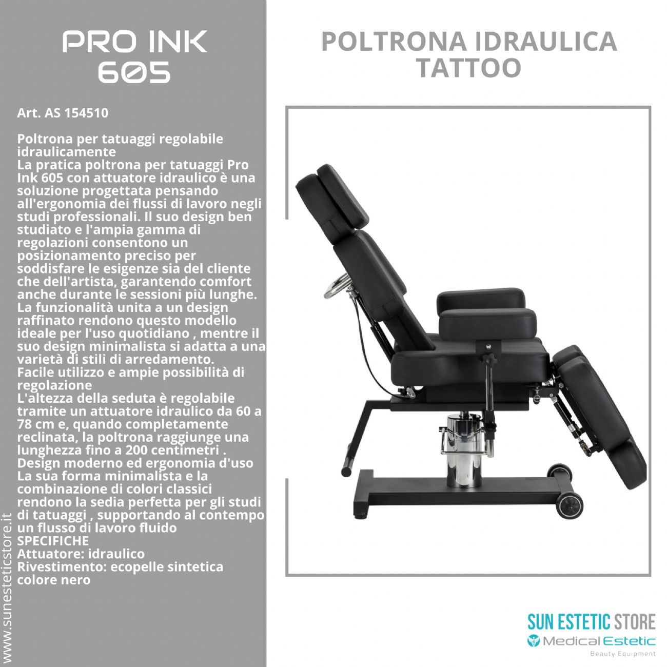 Pro Ink 605 poltrona tattoo regolabile idraulica
