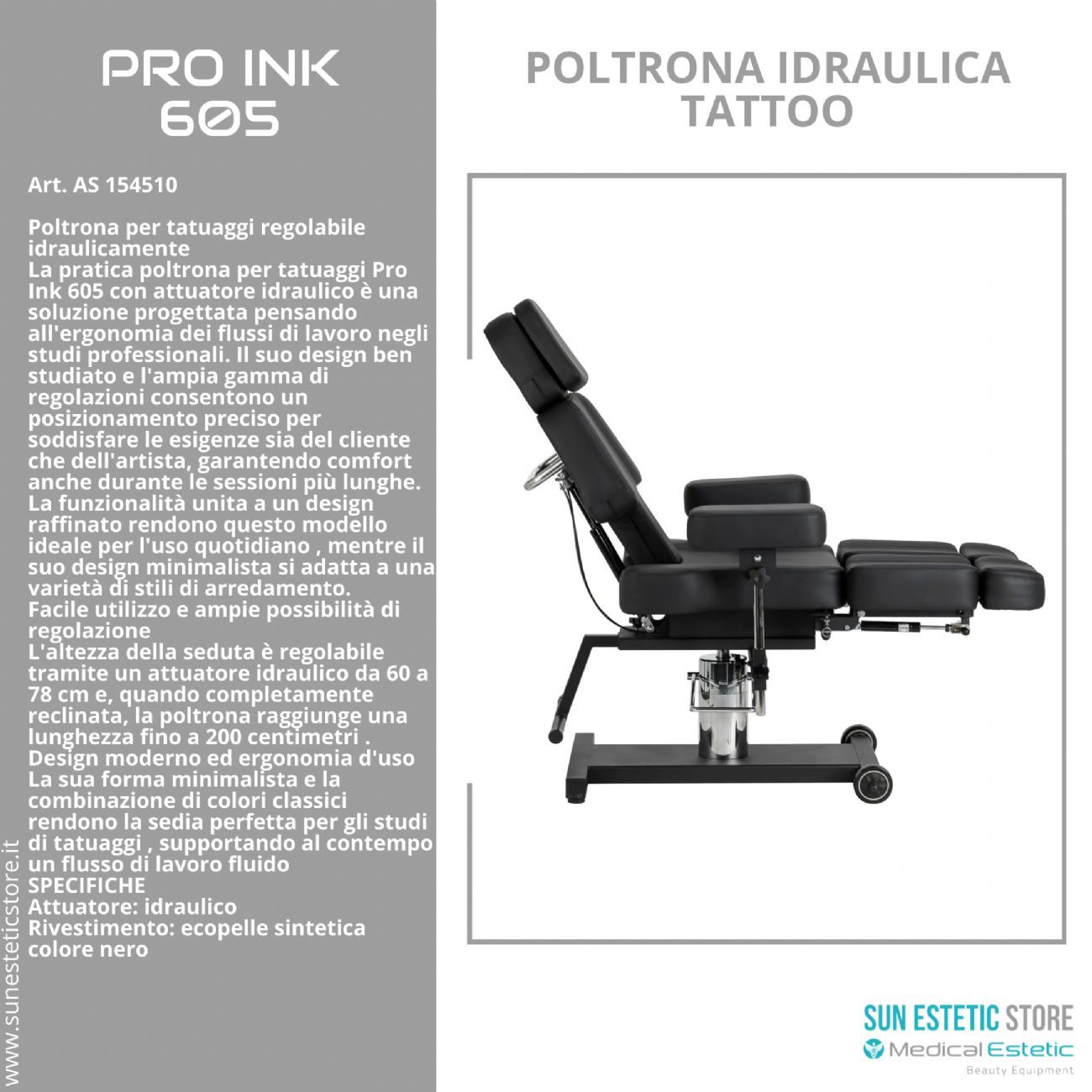 Pro Ink 605 poltrona tattoo regolabile idraulica