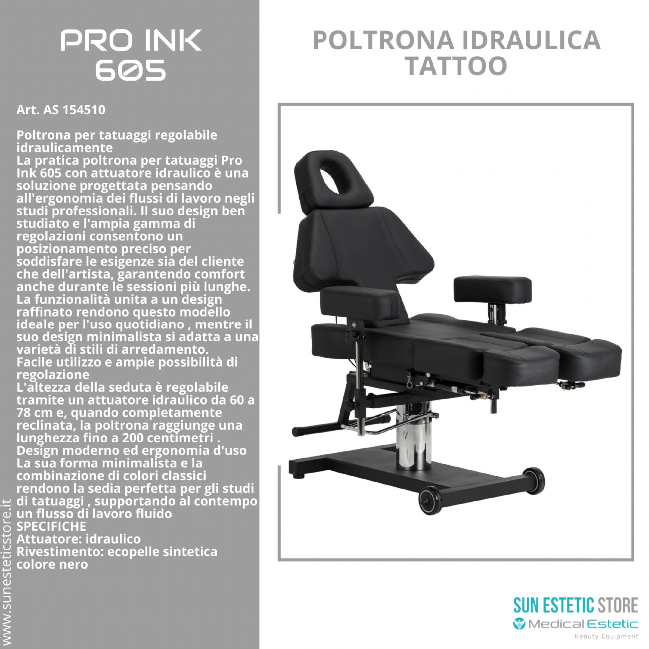 Pro Ink 605 poltrona tattoo regolabile idraulica