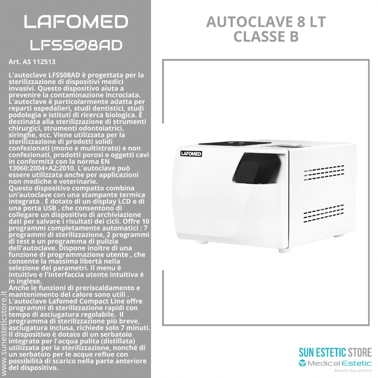 Lafomed LFSS08AD autoclave 8 lt sterilizzazione classe B