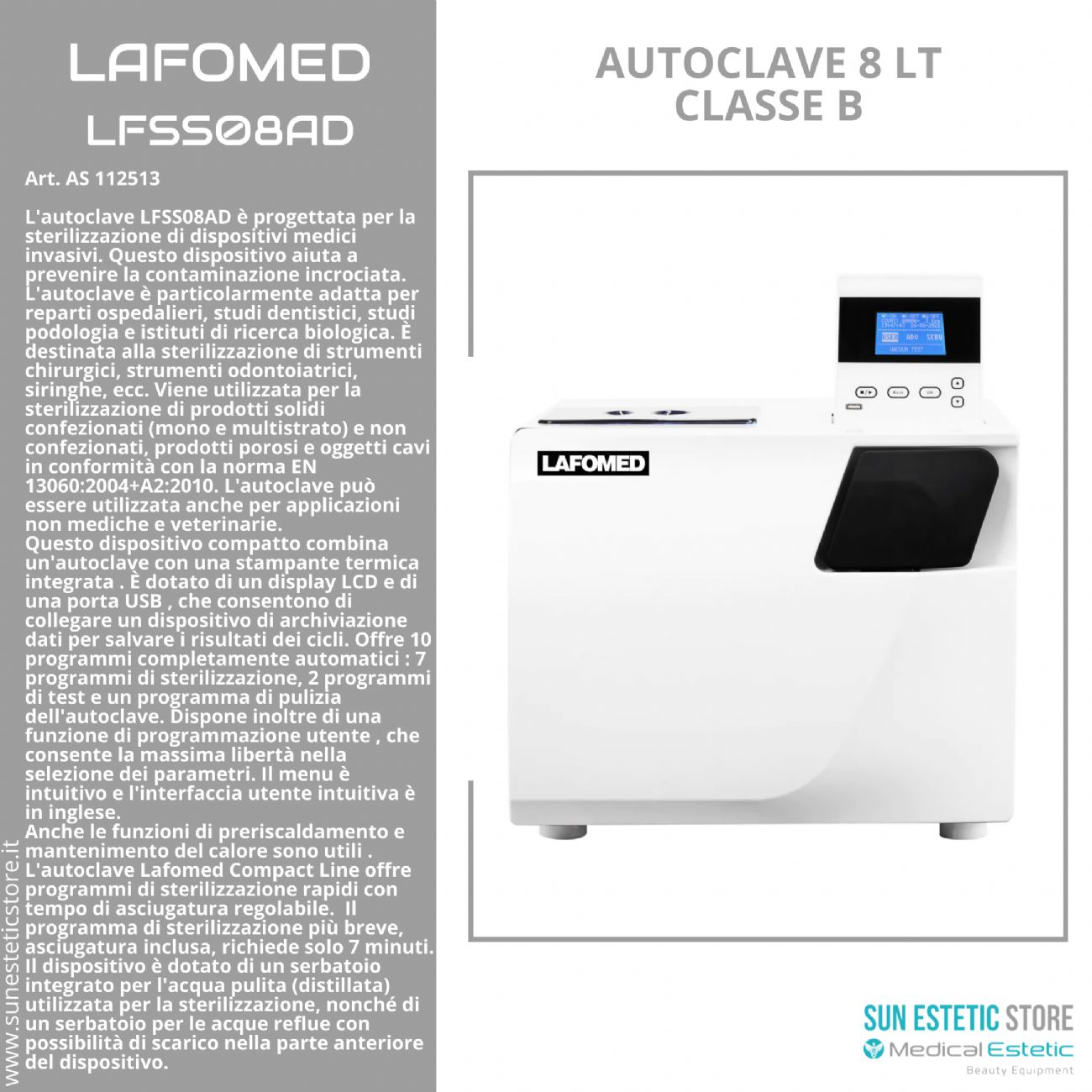 Lafomed LFSS08AD autoclave 8 lt sterilizzazione classe B