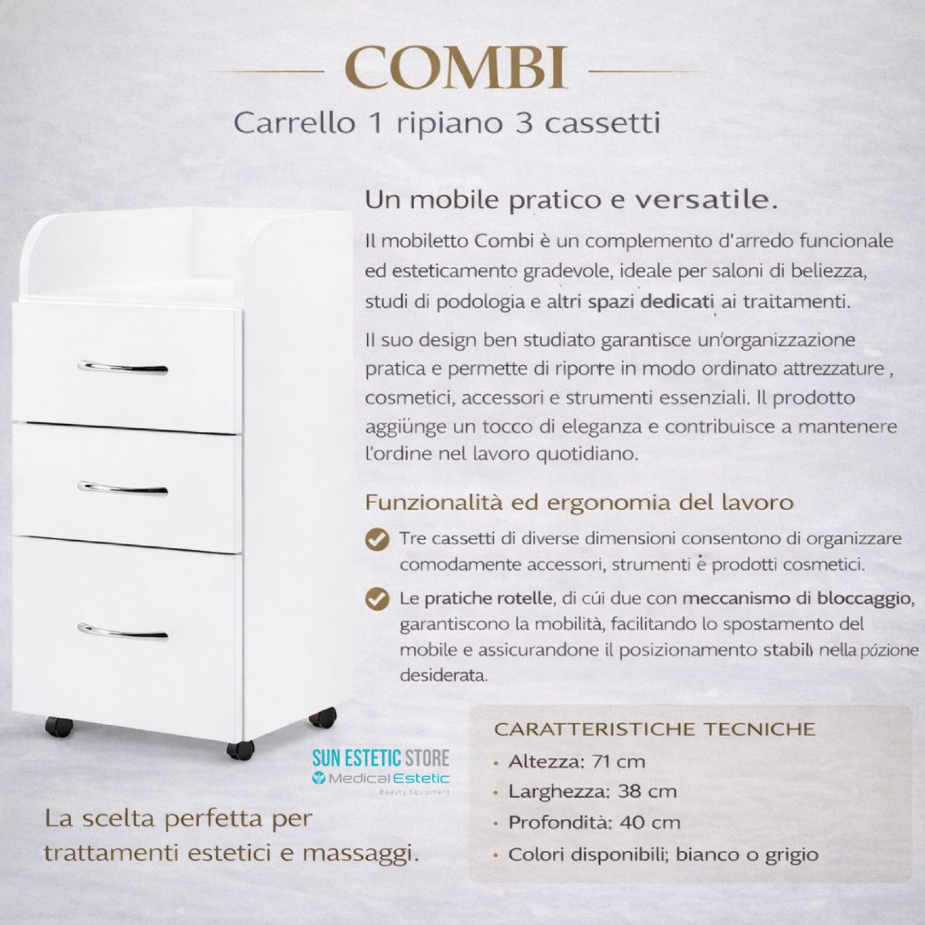 Combi carrello 1 ripiano 3 cassetti
