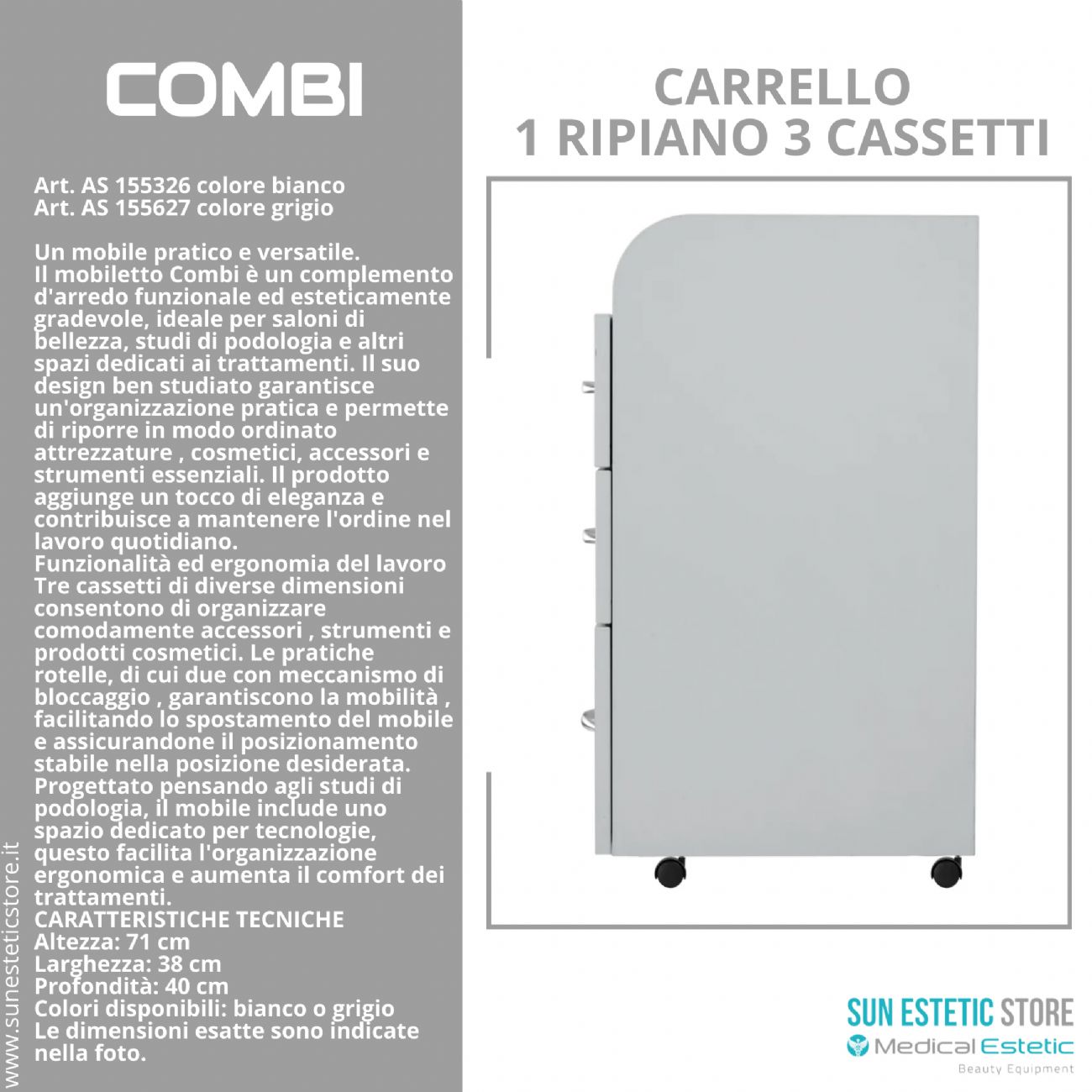 Combi carrello 1 ripiano 3 cassetti