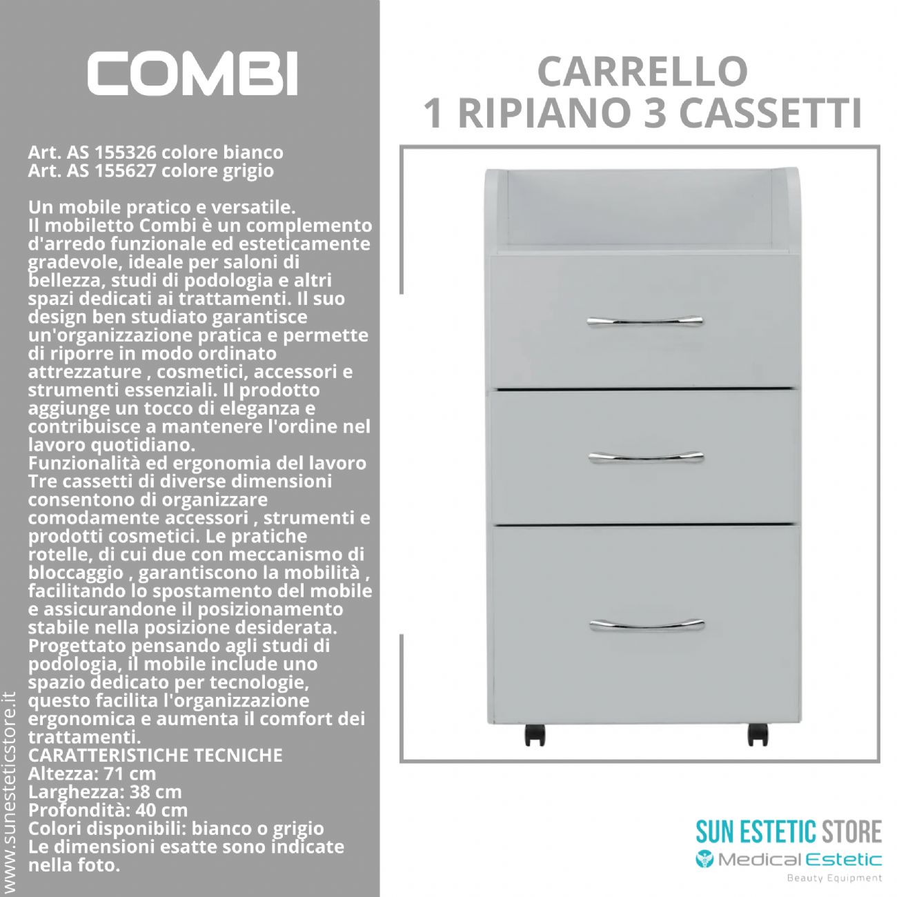 Combi carrello 1 ripiano 3 cassetti