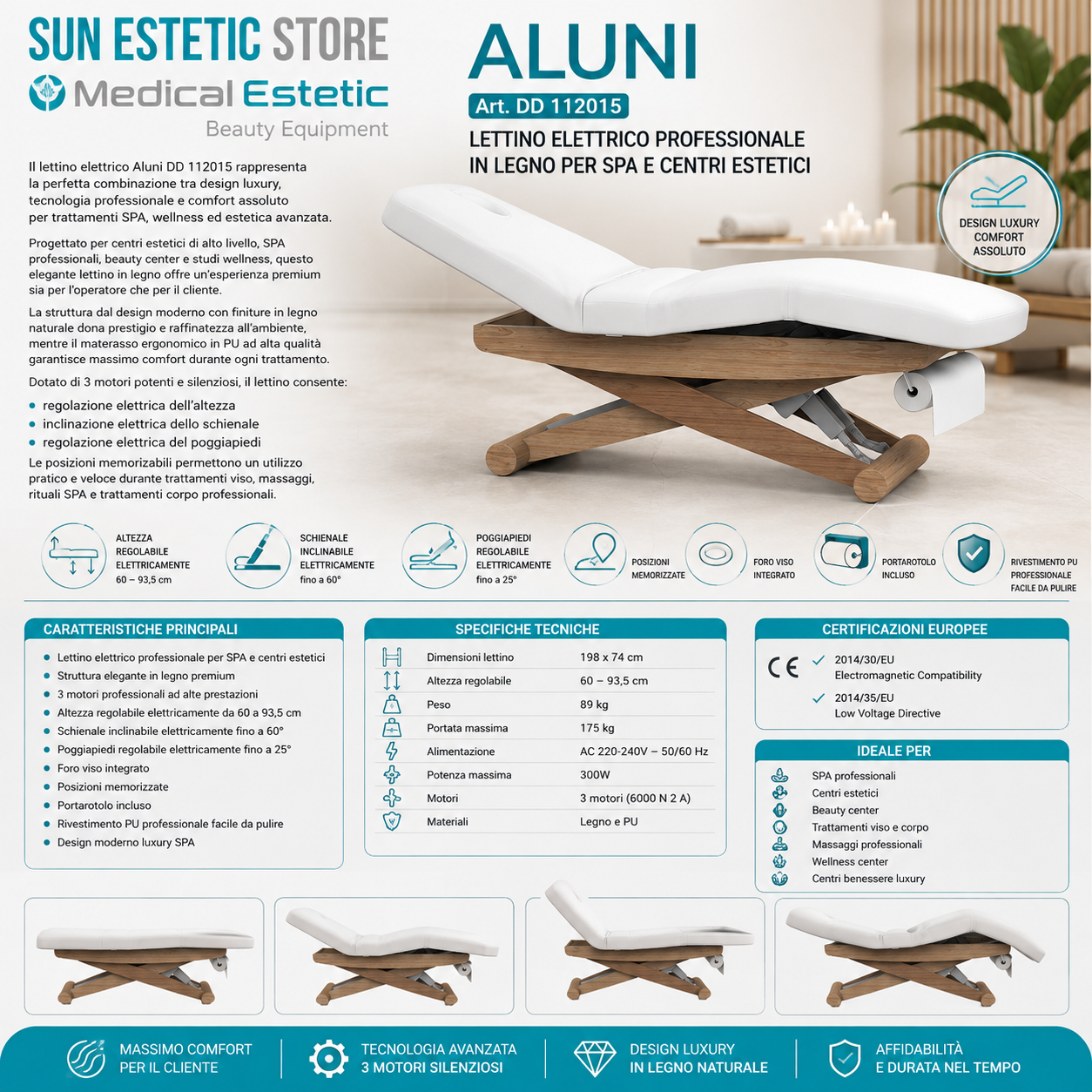Aluni Lettino massaggio Spa elettrico 3 motori in legno