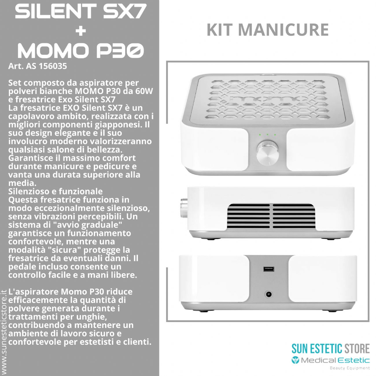 MOMO P30 aspiratore da 60W e fresa Exo Silent SX kit manicure